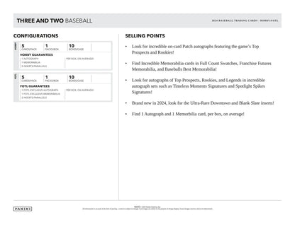 Baseball card product info sheet for 2024 Panini Three and Two Hobby Box with memorabilia card inserts parallels