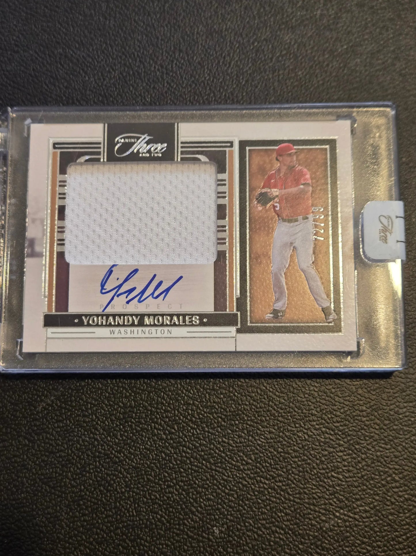 Yohandy Morales autographed baseball card from 2024 Panini Three and Two series featuring Morales Prospect Jerseys numbered 72/99