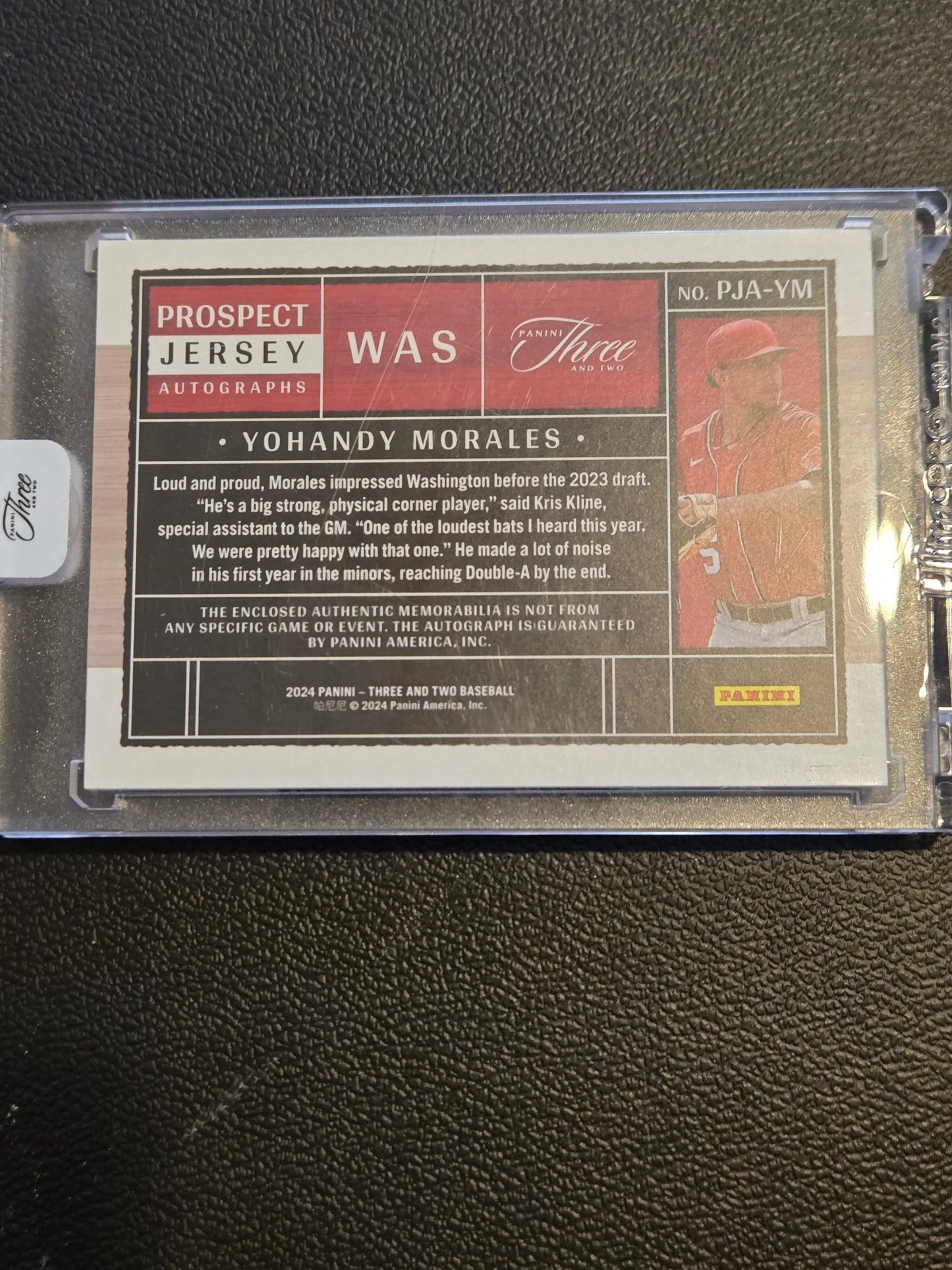 Yohandy Morales Prospect baseball card from 2024 Panini Three and Two Morales Prospect Jerseys series