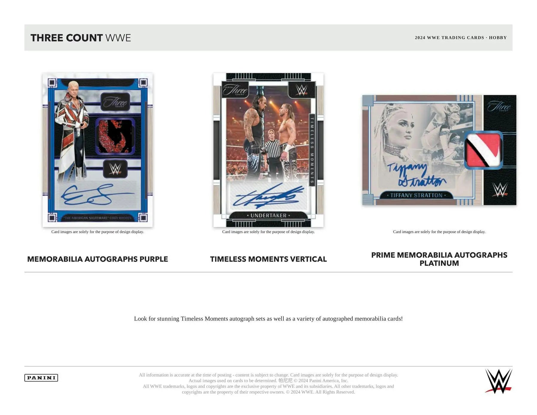 WWE wrestling trading cards featuring Timeless Moments, Downtown Inserts, and Autographs