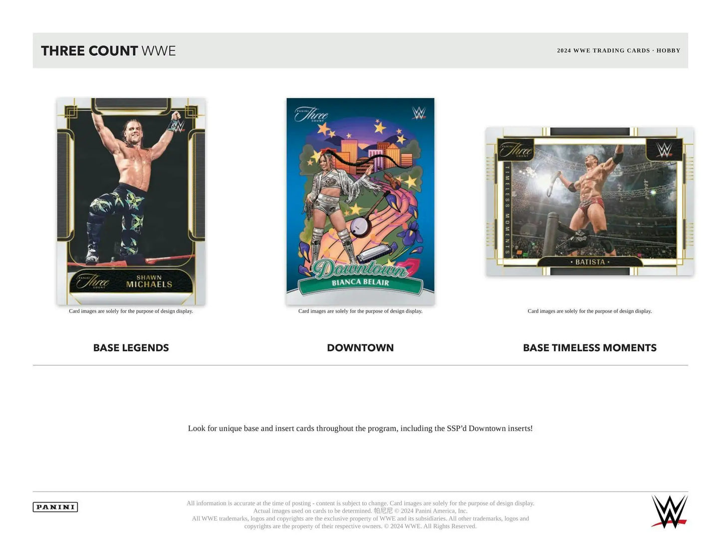 WWE trading cards from 2024 Panini Three Count Wrestling Hobby Box with timeless moments