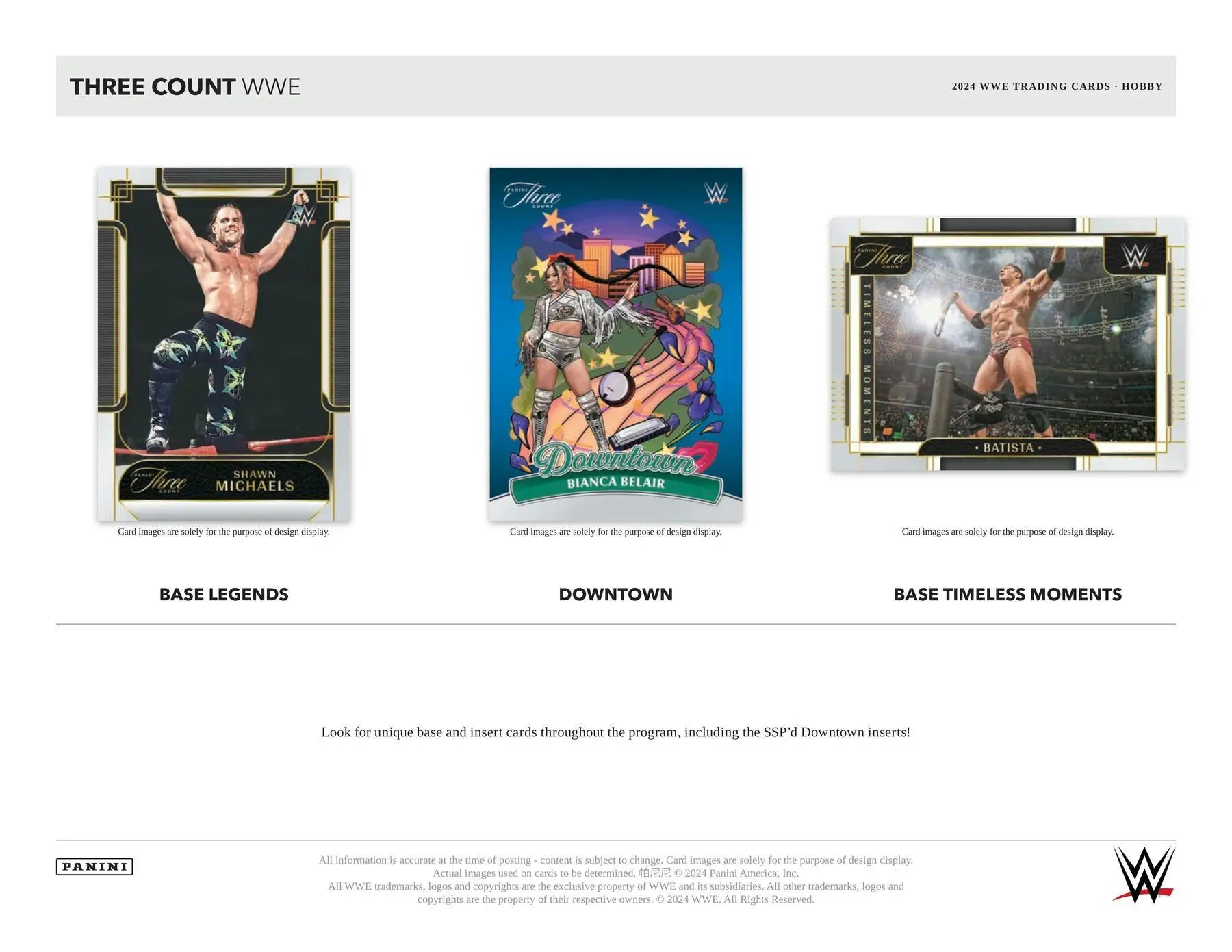 WWE trading cards from 2024 Panini Three Count Wrestling Hobby Box with timeless moments