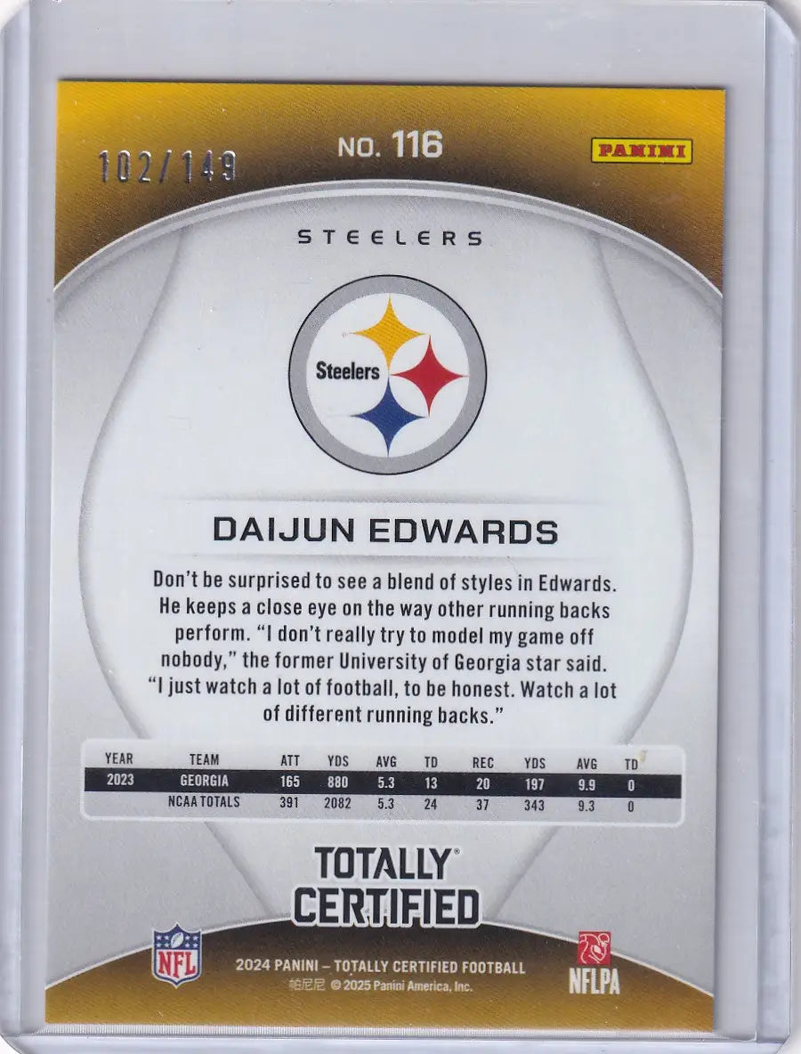 2024 Panini Totally Certified 102/149 #116 Daijun Edwards - Pittsburgh Steelers - Trading Card