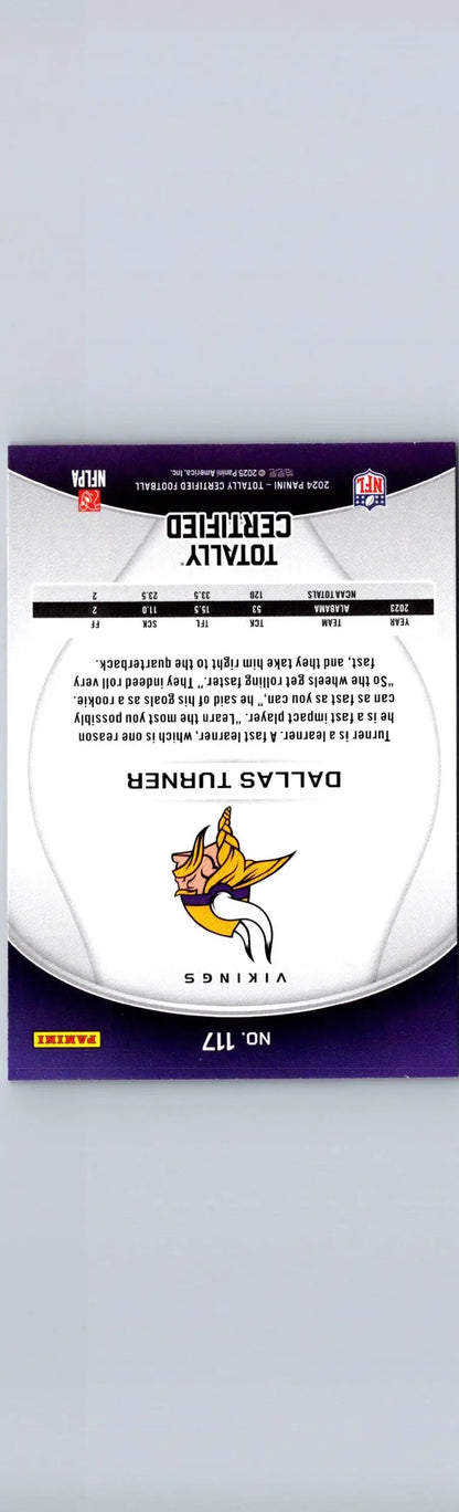 Dallas Turner football card from 2024 Panini Totally Certified with Mirror Purple finish