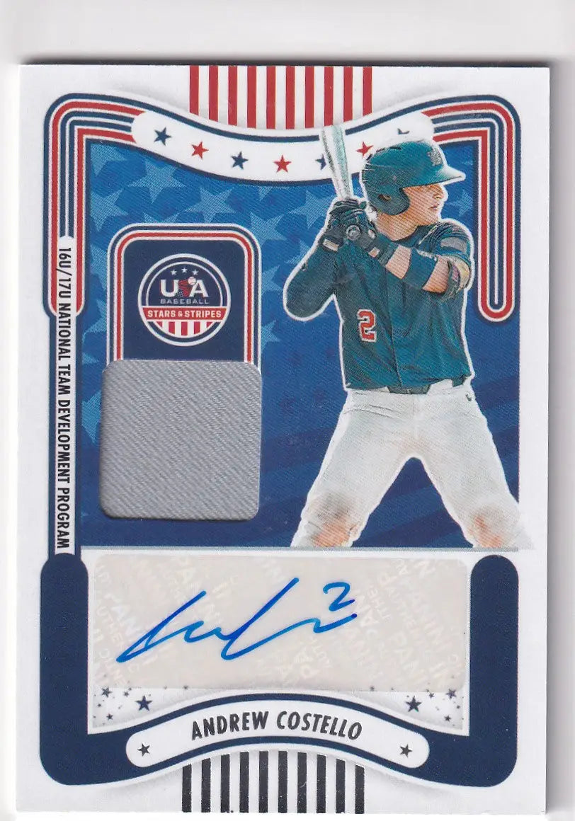 Baseball trading card featuring Panini USA Auto Relic Andrew Costello with player signature