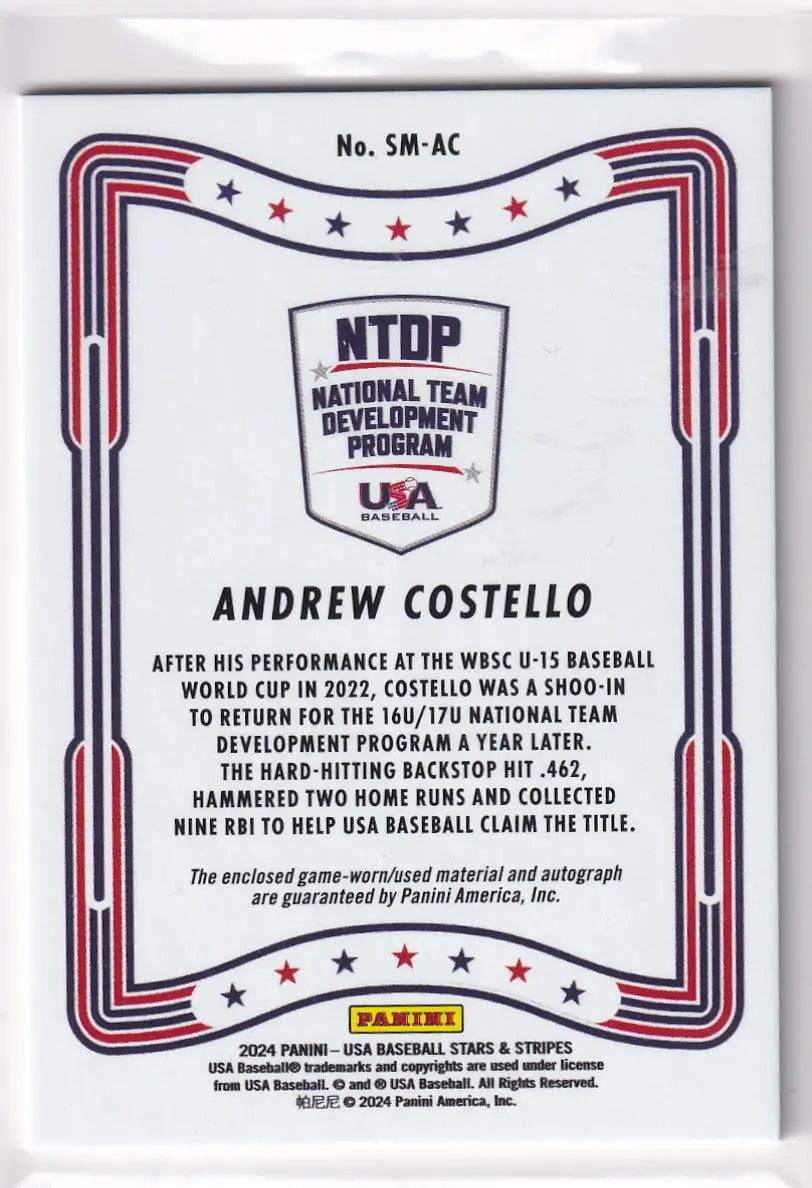 Trading card back of 2024 Panini USA Auto Relic Andrew Costello with patriotic design