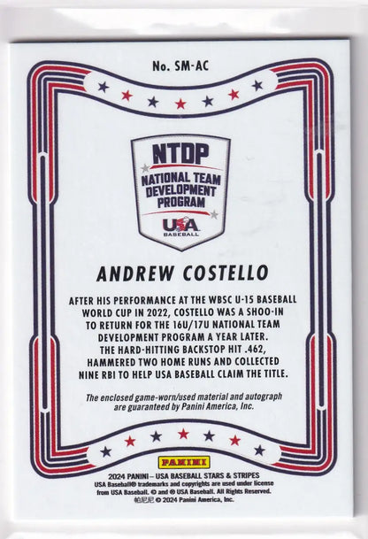 Trading card back of 2024 Panini USA Auto Relic Andrew Costello with patriotic design