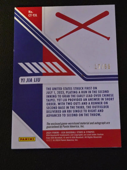 Baseball card back featuring Jia Liu jersey from 2024 Panini USA Stars & Stripes