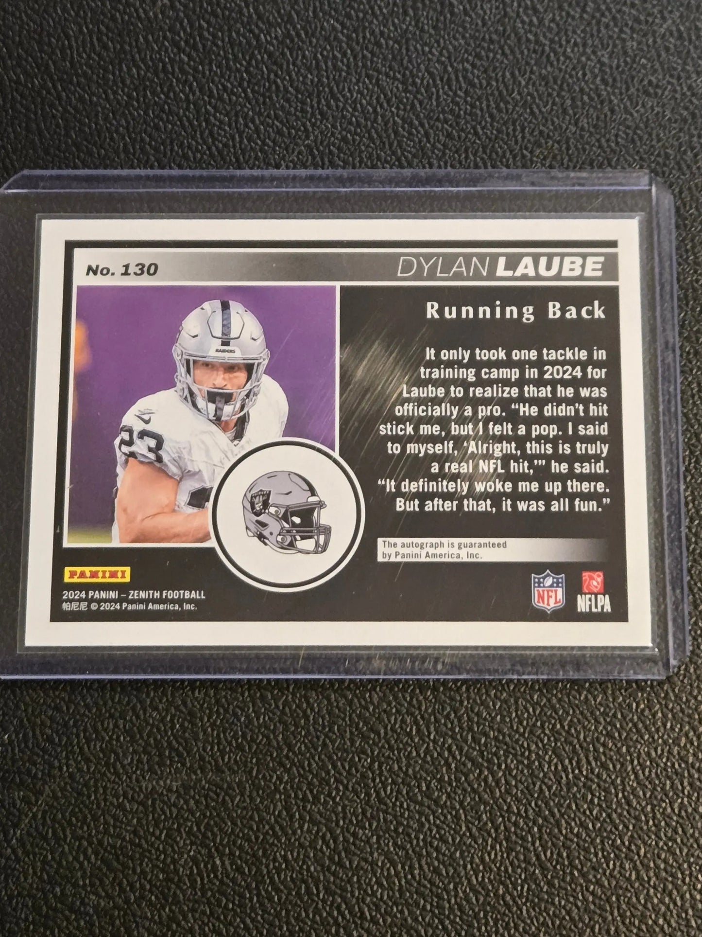 Football trading card featuring Dylan Laube as Raiders running back with Dylan Laube autographs