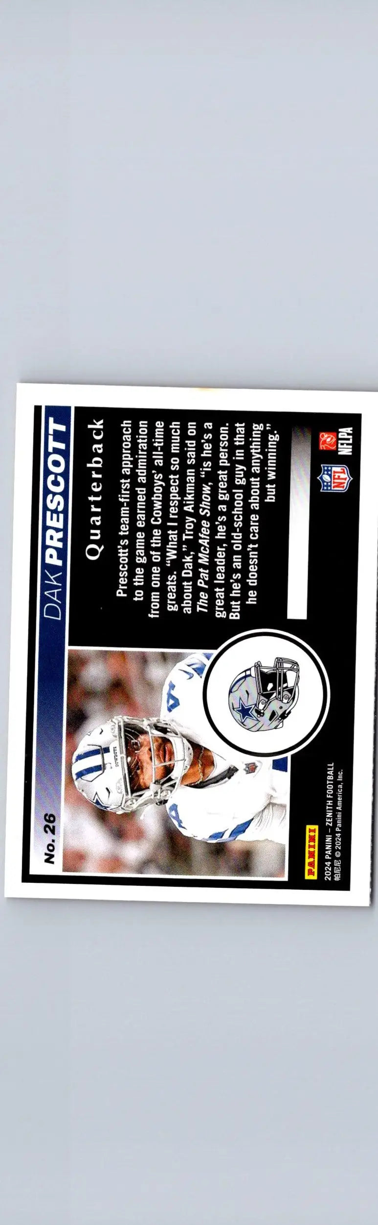 Dak Prescott football card from 2024 Panini Zenith No Huddle product