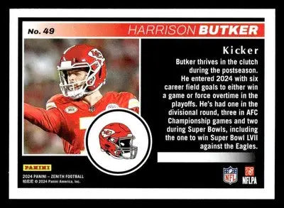 Harrison Butker football card from 2024 Panini Zenith featuring Butker Two Minute Drill