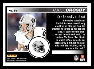 Football trading card featuring Maxx Crosby as a Defensive End for the Raiders from Panini Zenith 2024 Maxx Crosby Retail