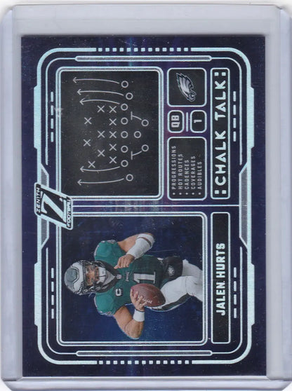 Football trading card of Jalen Hurts from 2024 Panini Zenith Chalk Talk series