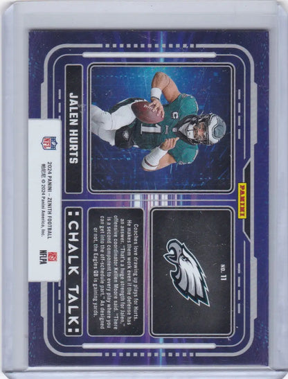 Jalen Hurts football trading card from Panini Zenith Chalk Talk series