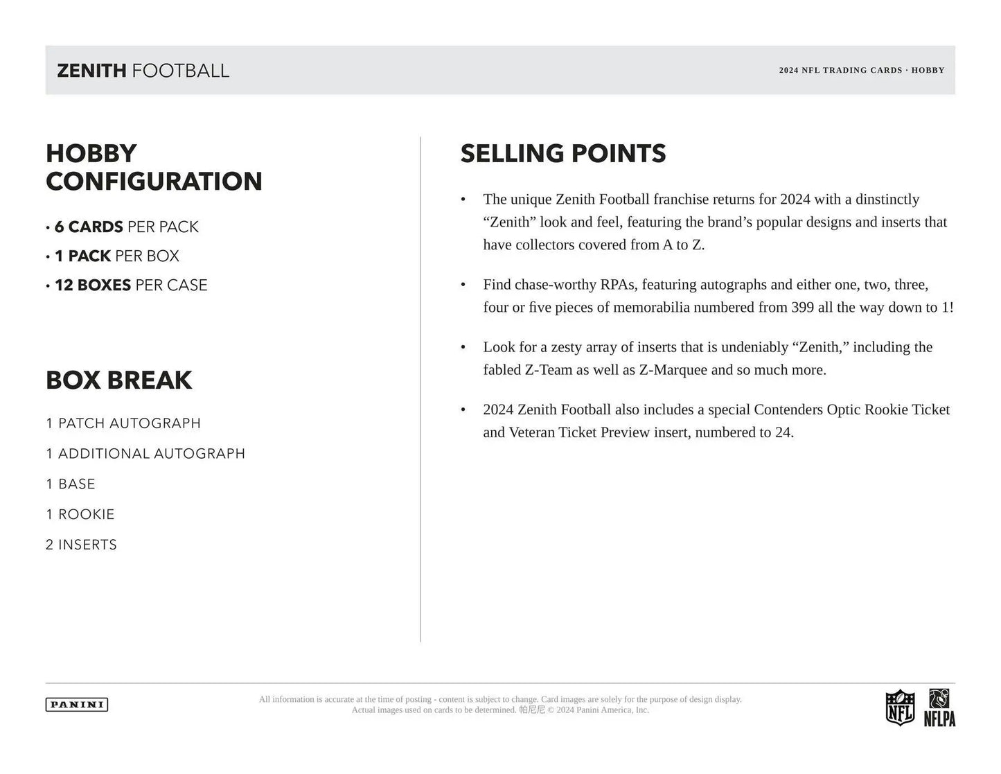 Zenith Football product details for 2024 Panini Zenith Football Hobby Box
