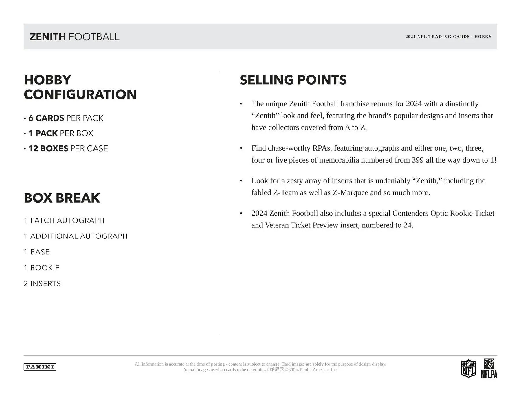 Zenith Football product details for 2024 Panini Zenith Football Hobby Box
