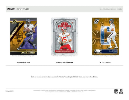 Three football trading cards from the 2024 Panini Zenith Football Hobby Box