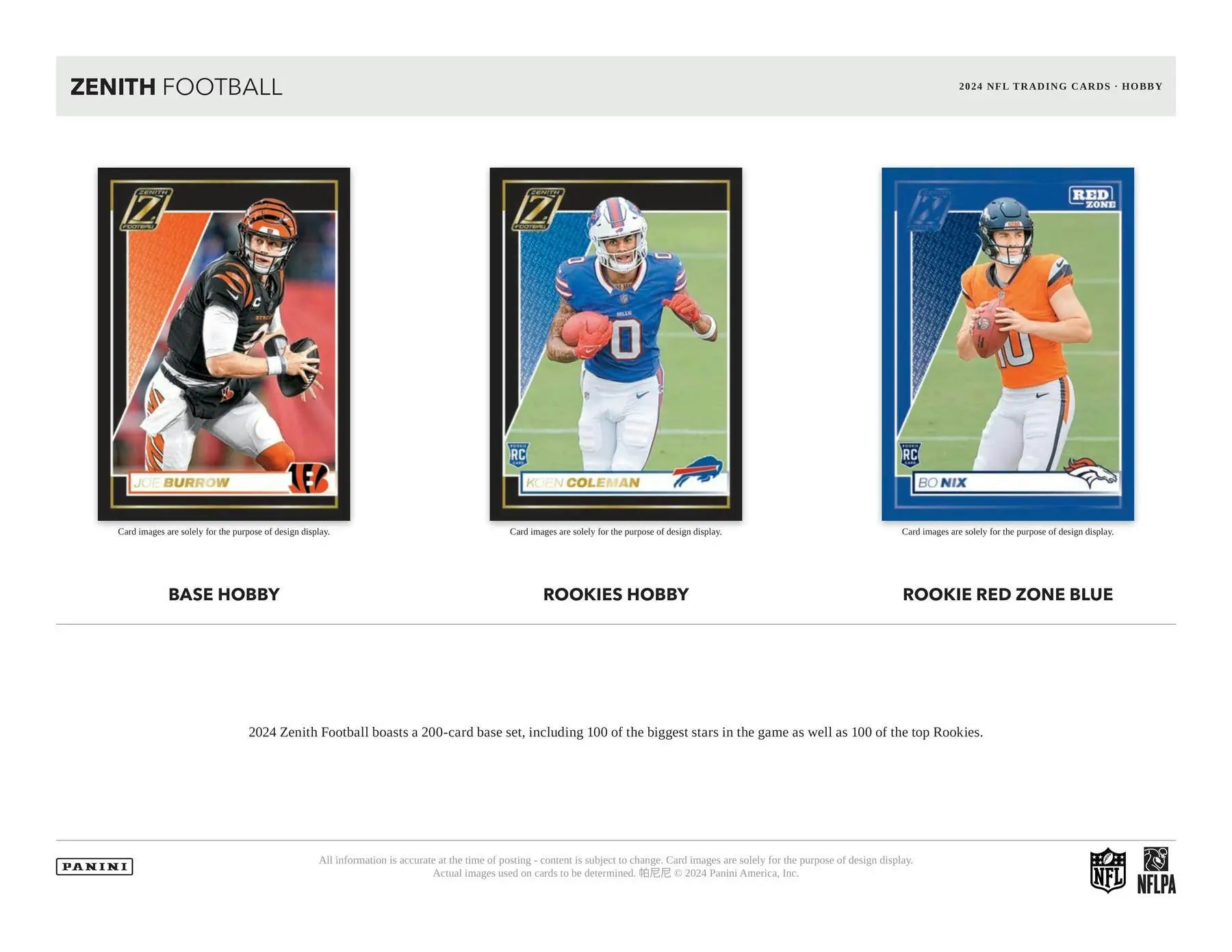 Three Zenith Football trading cards from the 2024 Panini Zenith Football Hobby Box