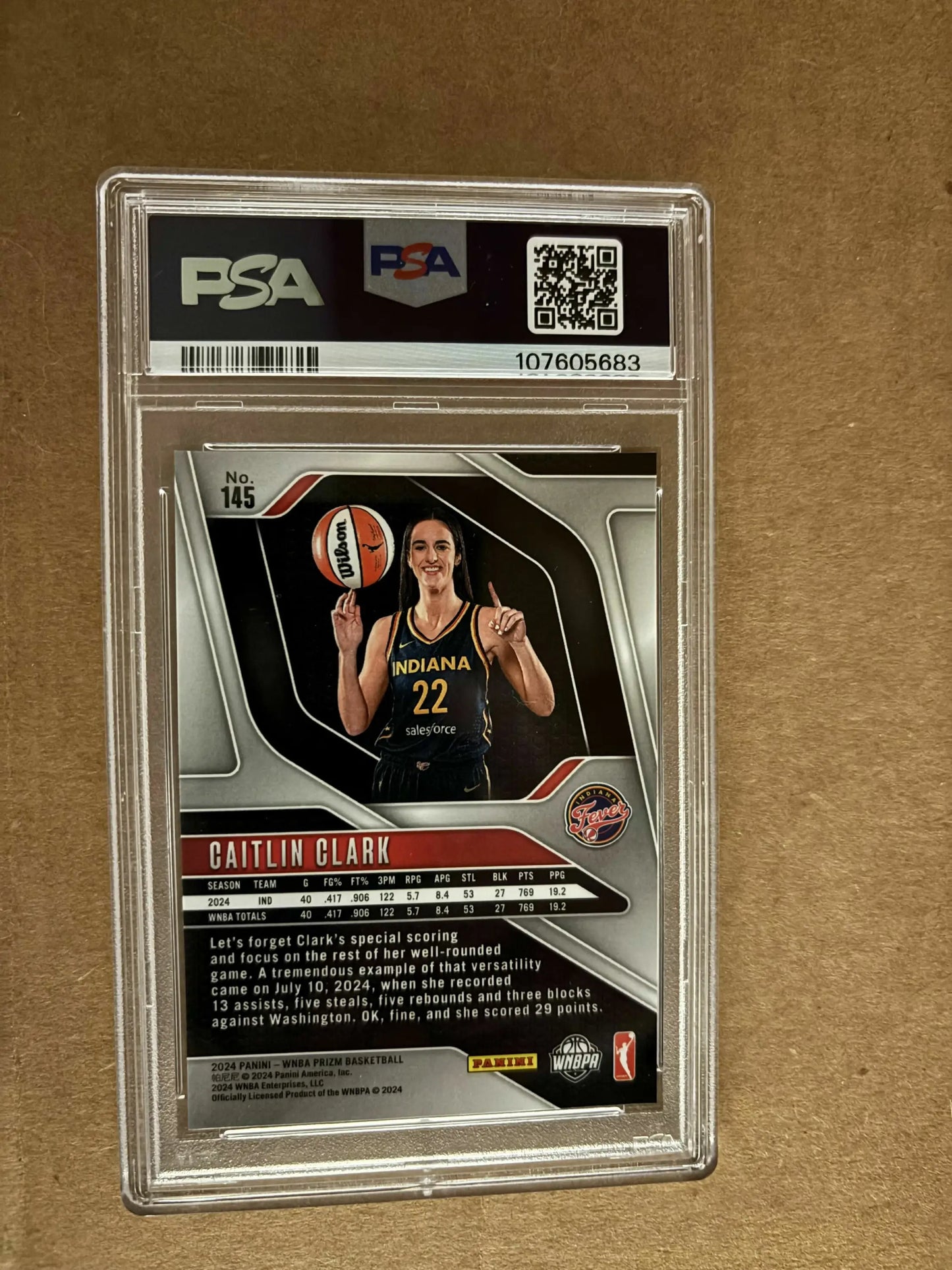 Caitlin Clark basketball card in PSA case from 2024 Prizm WNBA set