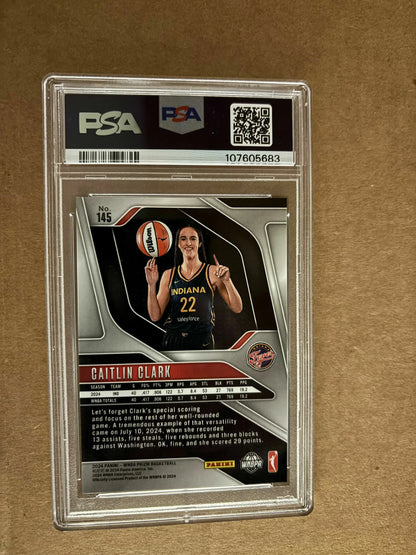 Caitlin Clark basketball card in PSA case from 2024 Prizm WNBA set