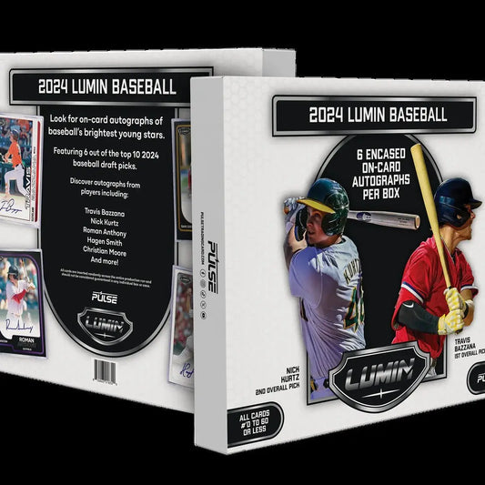 Two boxes of 2024 Pulse Lumin Baseball hobby cards in a Lumin Baseball hobby box