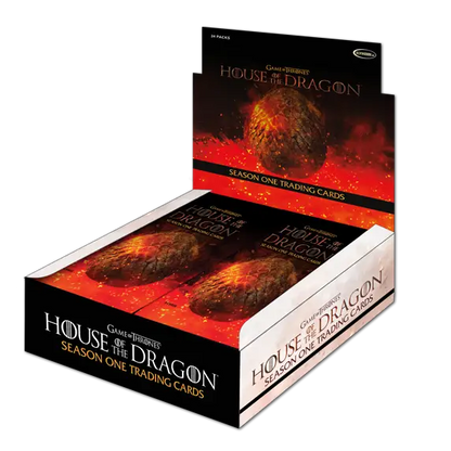 Display box of Rittenhouse House of the Dragon Season 1 trading cards in fiery design