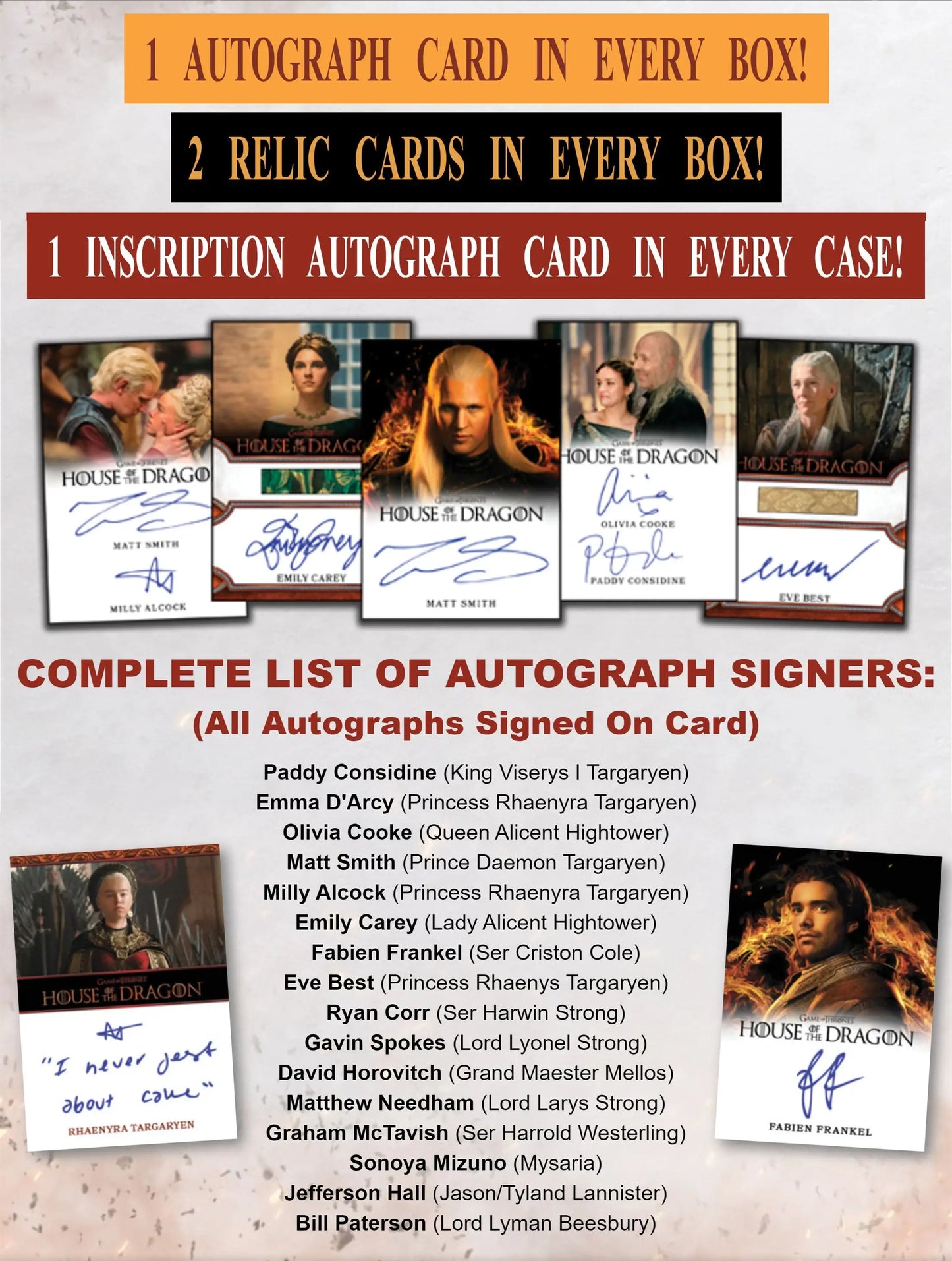 Advertisement for Rittenhouse House of the Dragon Season 1 trading card box with autographs