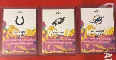 Three NFL rookie cards in protective cases from the 2024 Rookies And Stars Football Lot