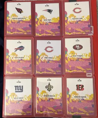 Nine stars football trading cards in protective cases from 2024 Rookies And Stars Football Lot
