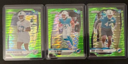 Three football trading cards featuring Rookies Jaylen Wright, Chop Robinson, and Malik Washington