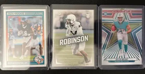 Three football rookie cards featuring Rookies Jaylen Wright, Chop Robinson, and Malik Washington