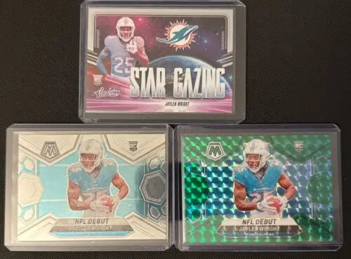 Three Jalen Waddle football cards from 2024 Rookies Jaylen Wright 15 Card Lot