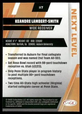 Back of 2024 Sage Next Level Keandre Lambert-Smith #117 football card with player stats
