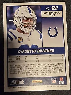 2024 Score DeForest Buckner Red trading card featuring DeForest Buckner football player