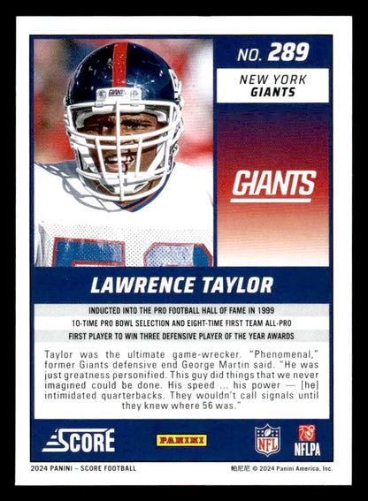 Lawrence Taylor trading card from 2024 Score #289 featuring the football legend