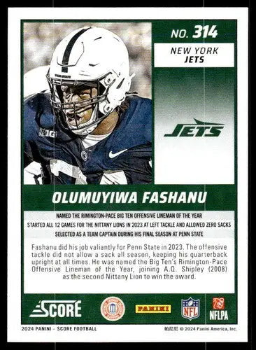2024 Score Olumuyiwa Fashanu rookie NY Jets football card with original gloss and near mint condition