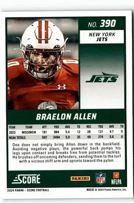 Braelon Allen football card from 2024 Score #390 featuring the Braelon Allen rookie season