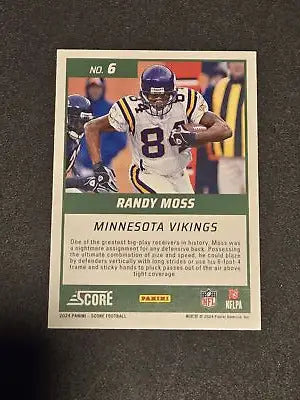 2024 Score Randy Moss Minnesota Vikings trading card featuring Hall of Famer