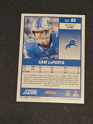 Sam LaPorta football card from 2024 Score #95 Laporta Green featuring Sam LaPorta Green field
