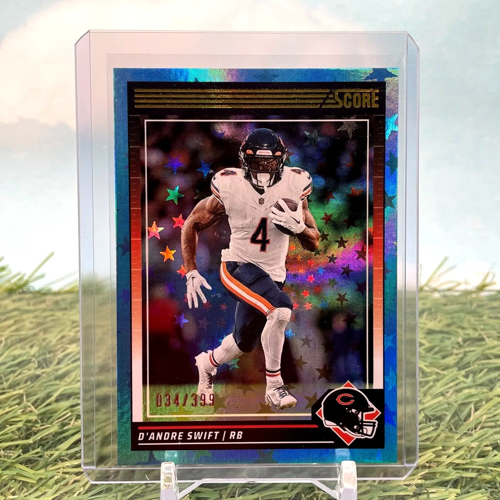 D’Andre Swift 2024 Score Blue Star football card featuring Chicago Bears color match