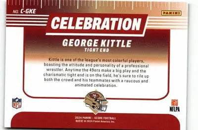 Football trading card featuring George Kittle Celebration from 2024 Score #C-GKE