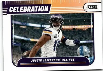 Justin Jefferson football card featuring Justin Jefferson Celebration from 2024 Score set