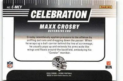 Back of 2024 Score Maxx Crosby Celebration football card featuring Crosby Celebration design