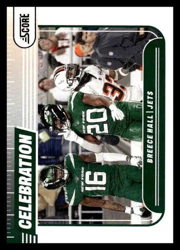Football trading card featuring Breece Hall from 2024 Score Celebration with original gloss