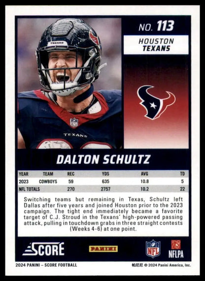 Collectible football card of Dalton Schultz Houston Texans with stats and player info