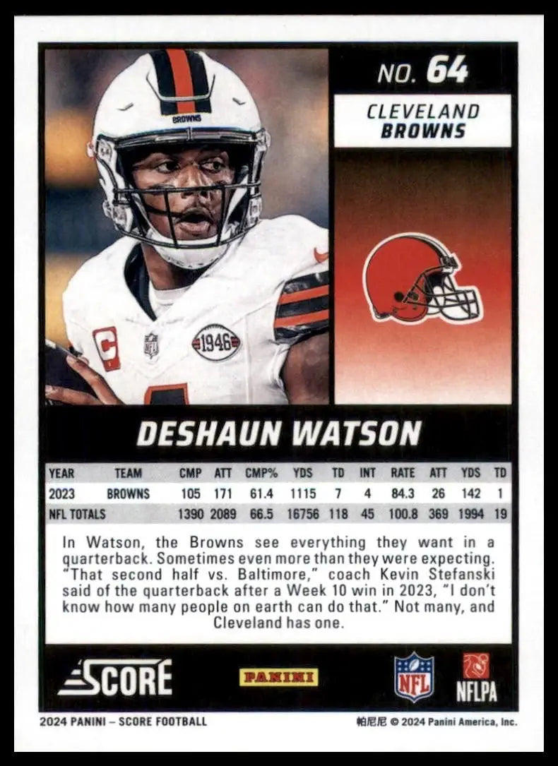 2024 Panini Score Football trading card of Deshaun Watson with stats and description