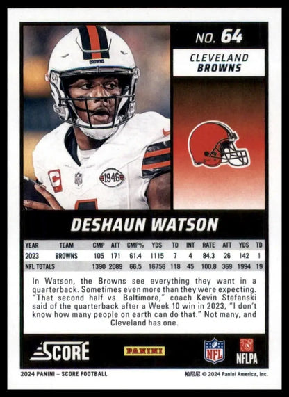 2024 Panini Score Football trading card of Deshaun Watson with stats and description