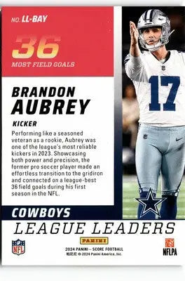 Brandon Aubrey football card from 2024 Score League Leaders featuring Aubrey league leaders