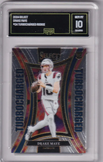 Graded football rookie card of Drake Maye from 2024 Select Turbocharged GMA series