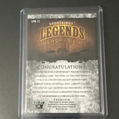 Collectible trading card of Terry Labonte racing suit in clear holder from Sportkings